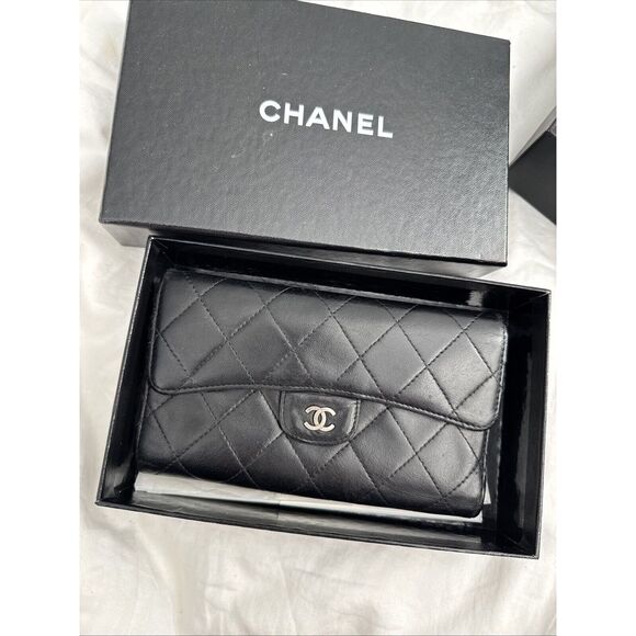 CHANEL Handbags - CHANEL Flap Wallet Quilted Black Silver Tone Hardware W/box